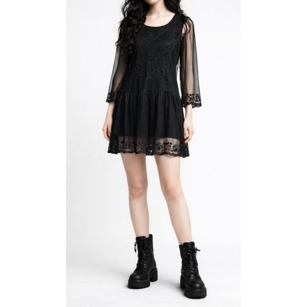 Whimsigoth Black Sheer Mesh Embroidered Dress Small Floral Fairy Grunge Witchy‎